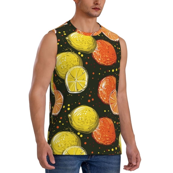 Lsque Orange Lemon Print Men's Cotton Blend Sleeveless Muscle Shirts (S-3XL)- Moisture Wicking, Odor Protection, UPF 30+,Medium