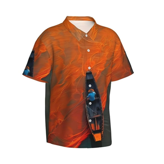 Lsque Orange Net Fishing Boat pattern Hawaiian Shirt for Men, Unisex Summer Beach Casual Short Sleeve Button Down Shirts-XX-Large