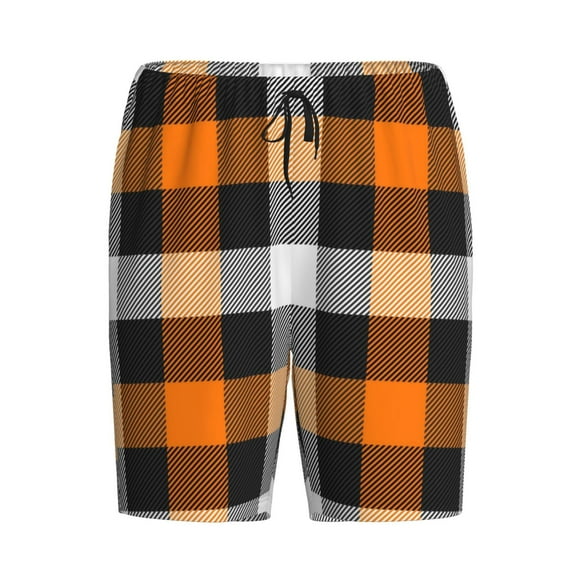 Lsque Orange Plaid Mens Sleep Pajama Shorts,Short Pajama Pants, Cotton Ultra-Soft Knit-Small