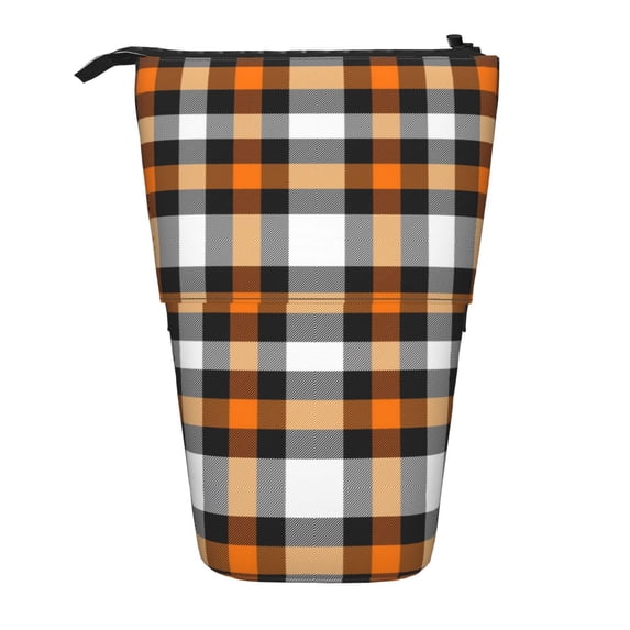 Lsque Orange Plaid Pattern Telescopic Pencil Bag Pen Holder Stationery Case, Stand-up Retractable Transformer Bag Organizer