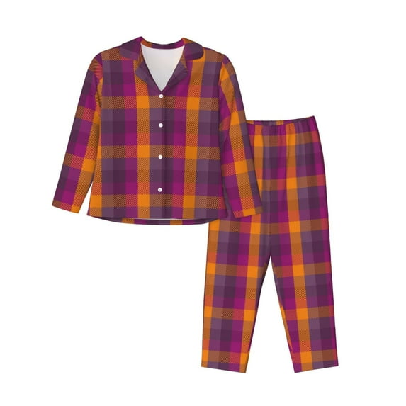 Lsque Orange and Purple Plaid Pattern Long Sleeve Pajama Set for Women - Soft 2-Piece Sleepwear and Loungewear Set with Pockets, Comfy Nightwear-Large