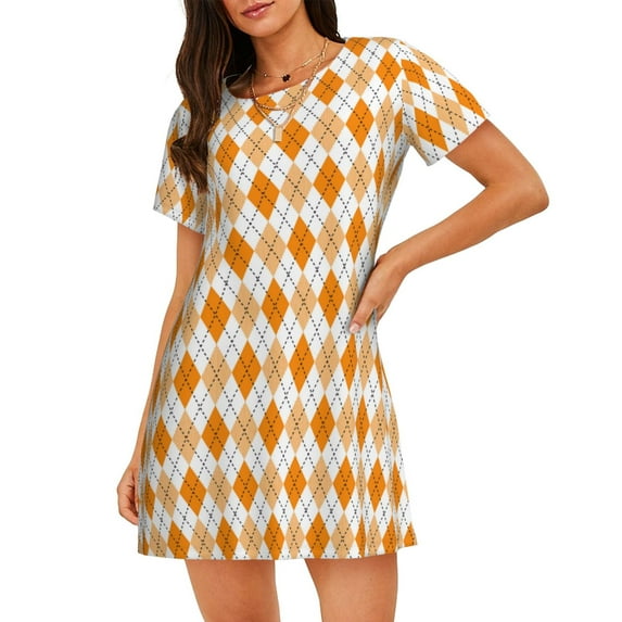 Lsque Orange argyle Pattern Nightgowns for Women Sleep Shirts Short Sleeve Nightshirt Pullover Nightdress Soft Sleepwear Relaxed Fit Nightdress