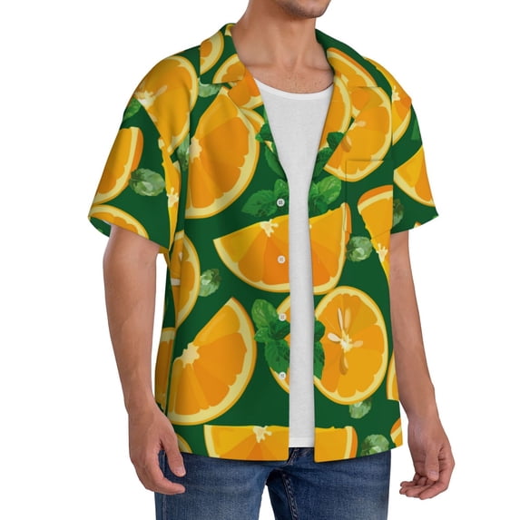 Lsque Orange print Men's Cuban Collar Short Sleeve Shirt Summer Beachwear Casual Button Down Fashionable Vacation Leisure Shirt-3X-Large