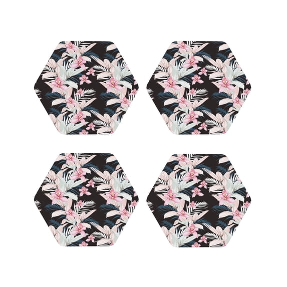 Lsque Orchids Flowers Pattern 4" Drink Coasters Set of 4, PVC Leather Absorbent Coasters, Table Coaster Set Decorative Coffee Cup Coasters Housewarming Gift -Hexagon