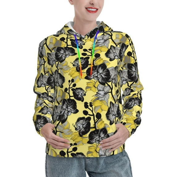 Lsque Orchids Flowers Pattern Casual Women's Hoodie,Hooded Sweatshirt with Kangaroo Pocket,Pullover Hoodie with Eye-catching Drawstrings-X-Large