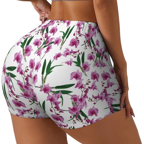 Lsque Orchids Flowers Pattern High Waisted Biker Shorts for Women-Tummy Control Fitness Athletic Workout Running Yoga Gym Shorts,Moisture-Wicking-Small