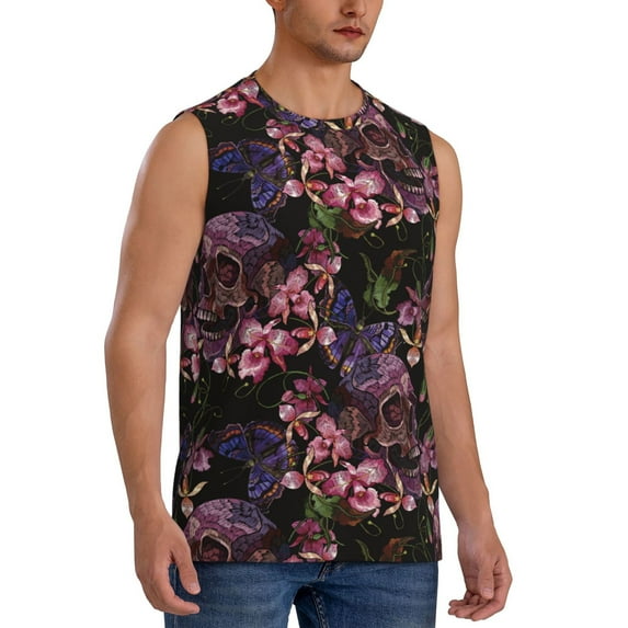 Lsque Orchids Flowers Print Men's Cotton Blend Sleeveless Muscle Shirts (S-3XL)- Moisture Wicking, Odor Protection, UPF 30+,3X-Large