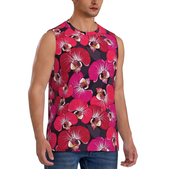 Lsque Orchids Flowers Print Men's Cotton Blend Sleeveless Muscle Shirts (S-3XL)- Moisture Wicking, Odor Protection, UPF 30+,Large