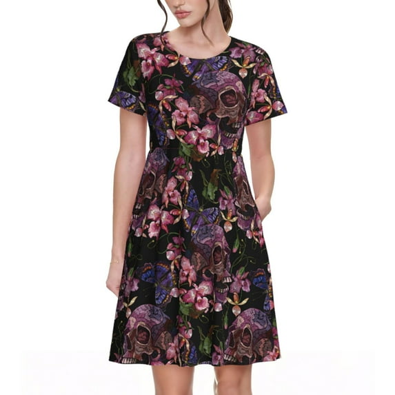 Lsque Orchids Flowers Print Women's Casual Dress T-Shirt Summer Short Sleeve Scoop Neck Swing Dresses