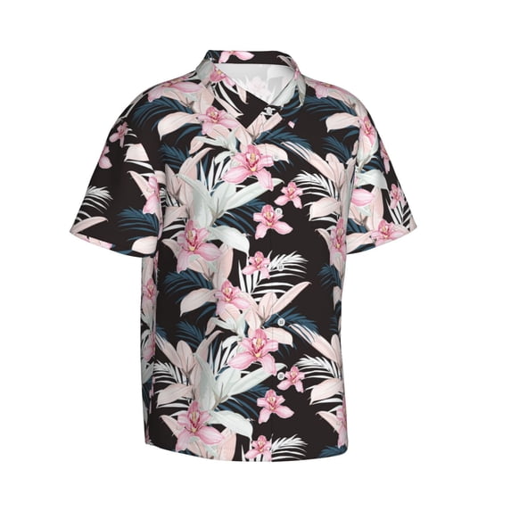 Lsque Orchids Flowers pattern Hawaiian Shirt for Men, Unisex Summer Beach Casual Short Sleeve Button Down Shirts-Large