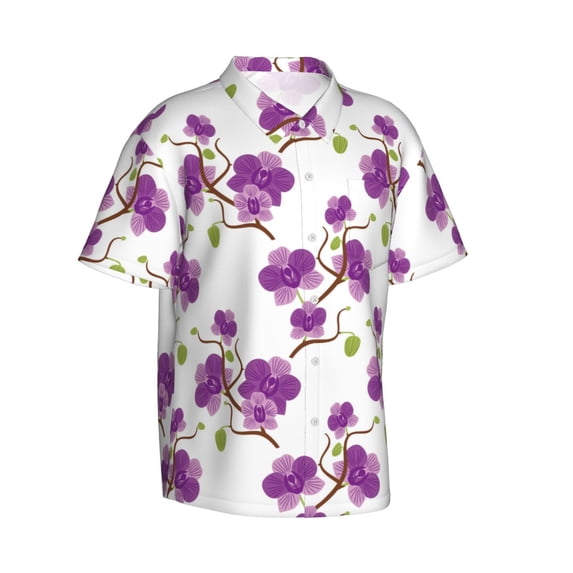 Lsque Orchids Flowers pattern Hawaiian Shirt for Men, Unisex Summer Beach Casual Short Sleeve Button Down Shirts-Small