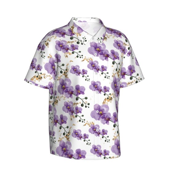 Lsque Orchids Flowers pattern Hawaiian Shirt for Men, Unisex Summer Beach Casual Short Sleeve Button Down Shirts-Small