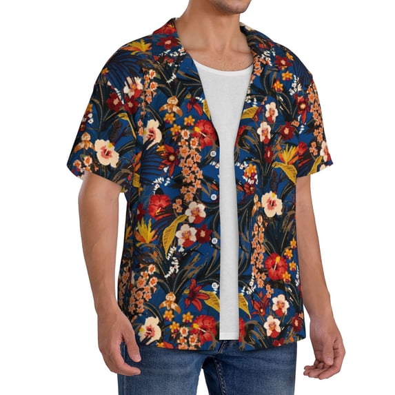 Lsque Orchids Flowers print Men's Cuban Collar Short Sleeve Shirt Summer Beachwear Casual Button Down Fashionable Vacation Leisure Shirt-Large