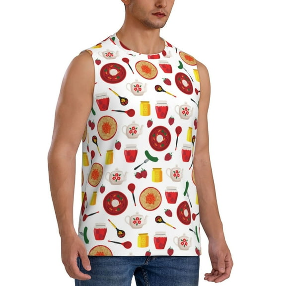 Lsque Oriental Cuisine Print Men's Cotton Blend Sleeveless Muscle Shirts (S-3XL)- Moisture Wicking, Odor Protection, UPF 30+,Small
