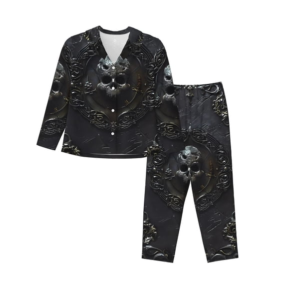 Lsque Ornate Dark Skull Book Pattern Long Sleeve Pajama Set for Women - Soft 2-Piece Sleepwear and Loungewear Set with Pockets, Comfy Nightwear-Large