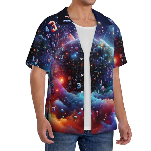 Lsque Outer Space Floating Numbers And Letters print Men's Cuban Collar Short Sleeve Shirt Summer Beachwear Casual Button Down Fashionable Vacation Leisure Shirt-3X-Large