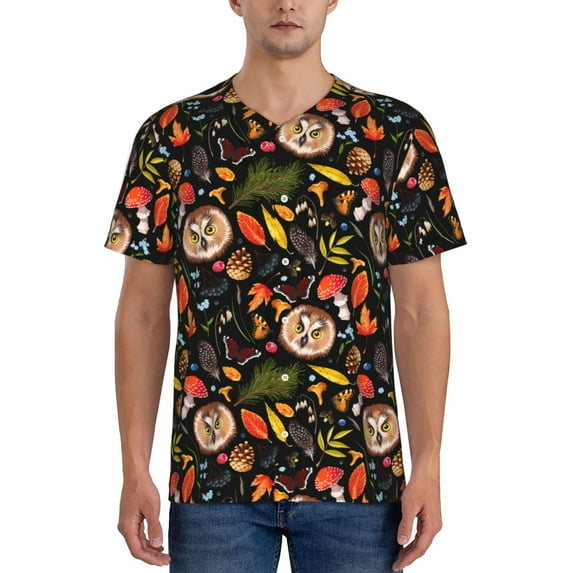 Lsque Owl And Leaves Pattern Mens Polo Golf Shirts Funny Graphics Shorts Sleeve Button Shirts Baseball T-shirt-Medium
