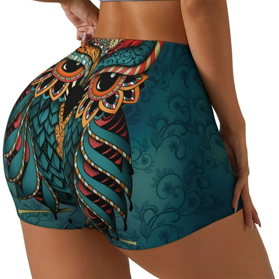Lsque Owl In Blue Pattern High Waisted Biker Shorts for Women-Tummy Control Fitness Athletic Workout Running Yoga Gym Shorts,Moisture-Wicking-Small