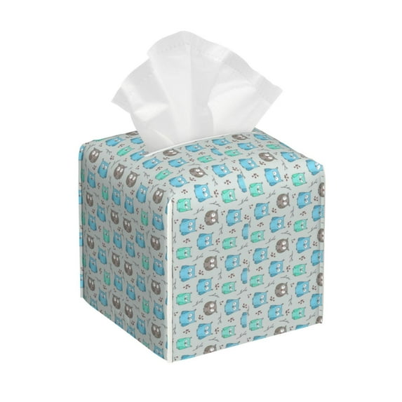 Lsque Owl Printed Tissue Box Cover Holder, Facial Paper Organizer Dispenser,Square with Bottom Belt, PVC Leather Decorative Organizer