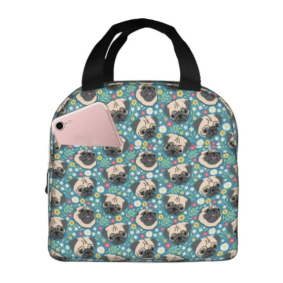 Lsque PUG HEAD And Flower Pattern Lunch Bag Women/Men Insulated Lunch Box,Small Leakproof Cooler Food Lunch Containers Reusable High Capacity Lunch Tote Bags