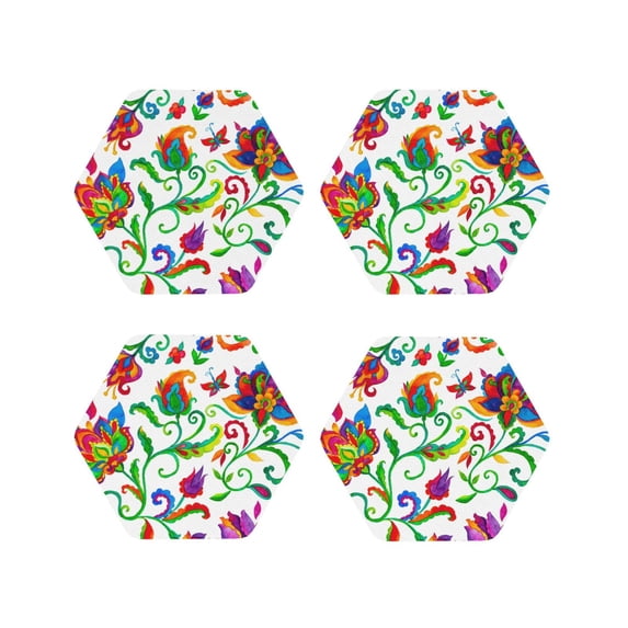 Lsque Paisley Pattern 4" Drink Coasters Set of 4, PVC Leather Absorbent Coasters, Table Coaster Set Decorative Coffee Cup Coasters Housewarming Gift -Hexagon