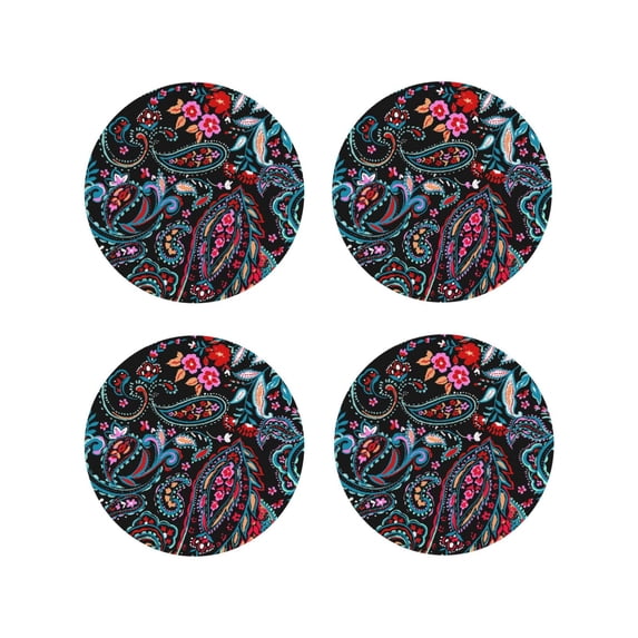 Lsque Paisley Pattern 4" Drink Coasters Set of 4, PVC Leather Absorbent Coasters, Table Coaster Set Decorative Coffee Cup Coasters Housewarming Gift -Round Shape