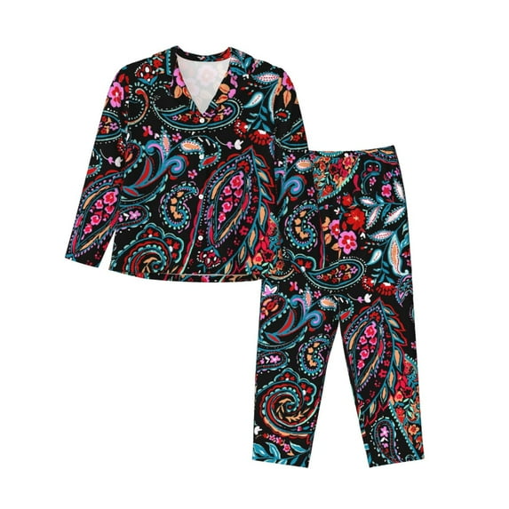 Lsque Paisley Pattern Long Sleeve Pajama Set for Women - Soft 2-Piece Sleepwear and Loungewear Set with Pockets, Comfy Nightwear-X-Large
