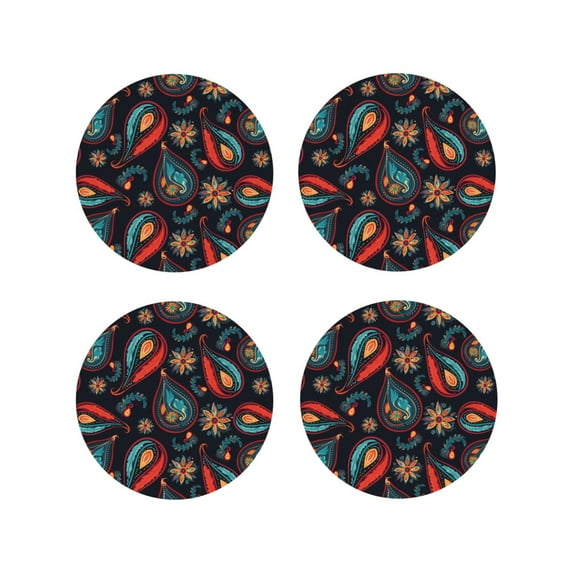 Lsque Paisley1 Pattern 4" Drink Coasters Set of 4, PVC Leather Absorbent Coasters, Table Coaster Set Decorative Coffee Cup Coasters Housewarming Gift -Round Shape