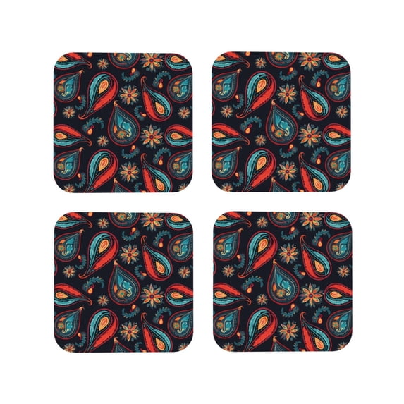 Lsque Paisley1 Pattern 4" Drink Coasters Set of 4, PVC Leather Absorbent Coasters, Table Coaster Set Decorative Coffee Cup Coasters Housewarming Gift -Square