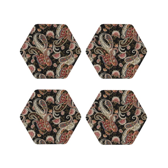 Lsque Paisley6 Pattern 4" Drink Coasters Set of 4, PVC Leather Absorbent Coasters, Table Coaster Set Decorative Coffee Cup Coasters Housewarming Gift -Hexagon