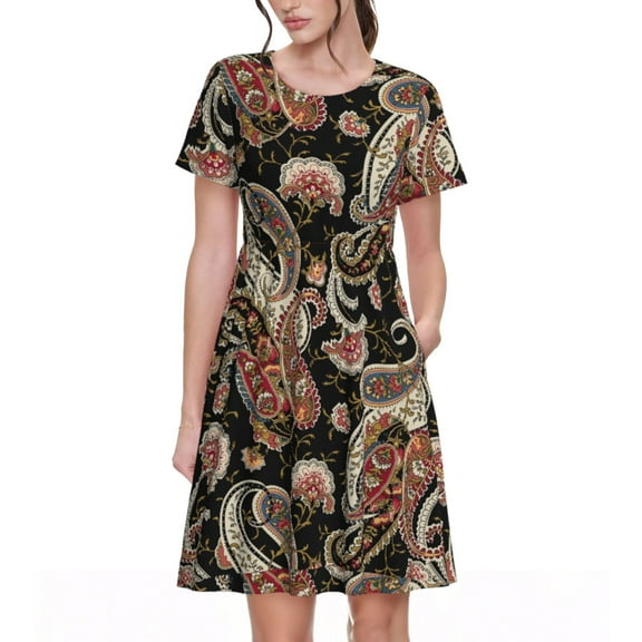 Lsque Paisley6 Print Women's Casual Dress T-Shirt Summer Short Sleeve Scoop Neck Swing Dresses