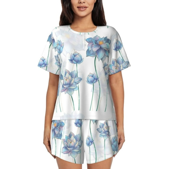 Lsque Pale Blue Lotus Flowers Women's Short-Sleeved Pajama Set - 2 Piece Soft and Lightweight Sleepwear Set-XX-Large