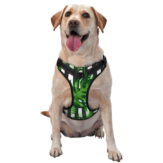 Lsque Palm Greenery Dog Harness, No-Pull Pet Harness with 2 Leash Clips, Adjustable Soft Padded Dog Vest with Easy Control Handle for Large Dogs-Medium
