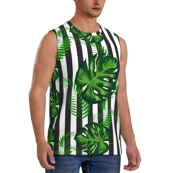 Lsque Palm Greenery Print Men's Cotton Blend Sleeveless Muscle Shirts (S-3XL)- Moisture Wicking, Odor Protection, UPF 30+,Small