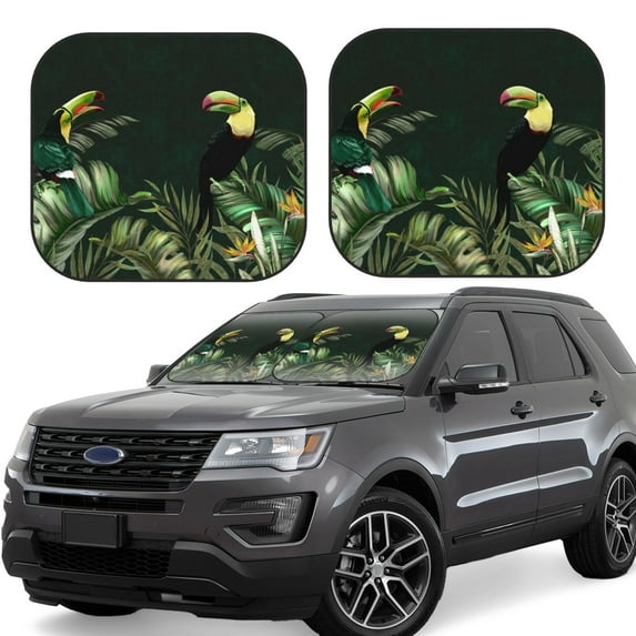 Lsque Palm Leaves And Exotic Birds 2 PCS Windshield Sun Shade | CarFoldable Window Covers | Car Accessories Reflect UV for Universal Cars SUV Truck | Small