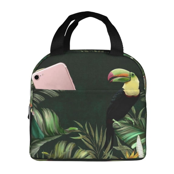 Lsque Palm Leaves And Exotic Birds Pattern Lunch Bag Women/Men Insulated Lunch Box,Small Leakproof Cooler Food Lunch Containers Reusable High Capacity Lunch Tote Bags