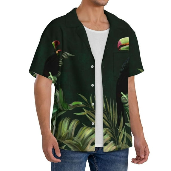 Lsque Palm Leaves And Exotic Birds print Men's Cuban Collar Short Sleeve Shirt Summer Beachwear Casual Button Down Fashionable Vacation Leisure Shirt-4X-Large