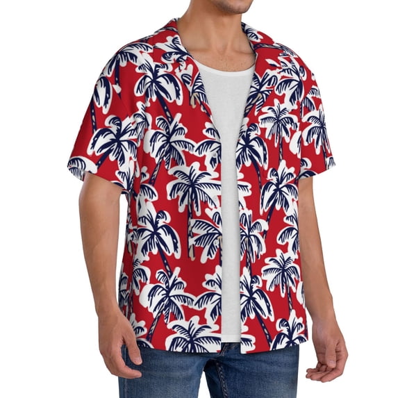 Lsque Palm Tree Pattern on Red print Men's Cuban Collar Short Sleeve Shirt Summer Beachwear Casual Button Down Fashionable Vacation Leisure Shirt-4X-Large