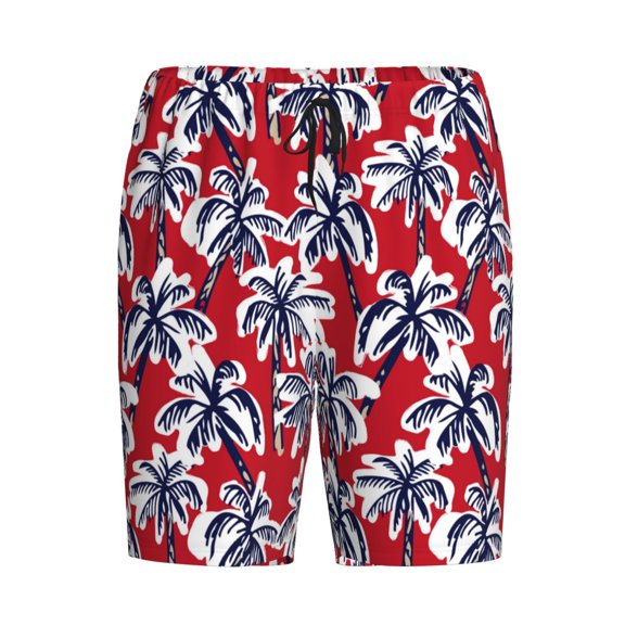 Lsque Palm Tree Pattern on Red Mens Sleep Pajama Shorts,Short Pajama Pants, Cotton Ultra-Soft Knit-Small