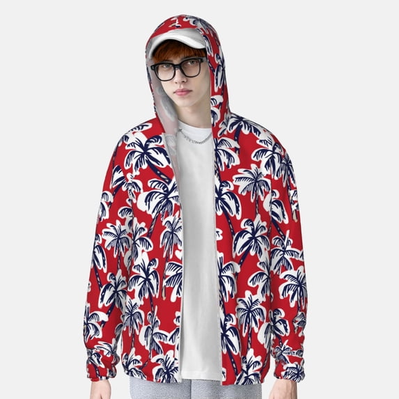 Lsque Palm Tree Pattern on Red UPF 50+ Lightweight Sun Protection Men's Women's Long Sleeve Shirt, Hoodie Performance -Medium