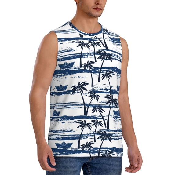 Lsque Palm Tree Print Men's Cotton Blend Sleeveless Muscle Shirts (S-3XL)- Moisture Wicking, Odor Protection, UPF 30+,3X-Large
