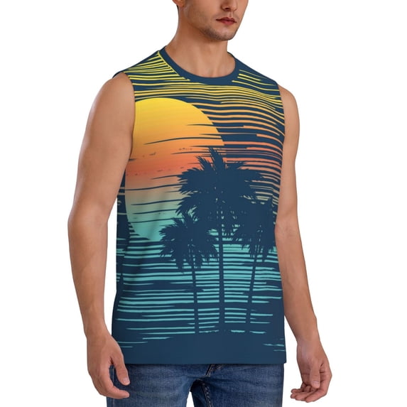 Lsque Palm Trees Print Men's Cotton Blend Sleeveless Muscle Shirts (S-3XL)- Moisture Wicking, Odor Protection, UPF 30+,X-Large
