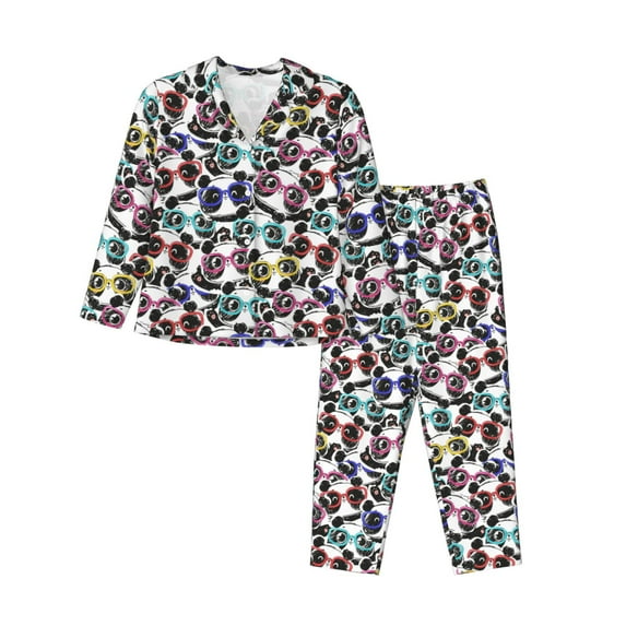 Lsque Panda And Glasses Pattern Long Sleeve Pajama Set for Women - Soft 2-Piece Sleepwear and Loungewear Set with Pockets, Comfy Nightwear-XX-Large