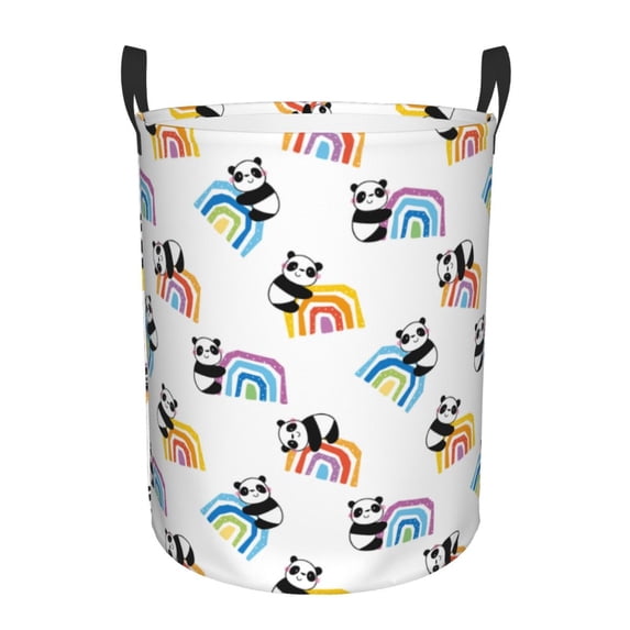Lsque Panda And Rainbow Pattern Laundry Hamper Basket, Tall Woven Rope Hamper Basket for Clothes, Lightweight Storage Basket, Collapsible Waterproof-