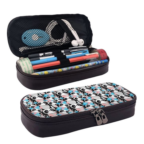 Lsque Panda Cute Hearts Printed Big Capacity PU Leather Pencil Case Large Pencil Pouch Stationery Pen Bag Pencil Holder for Teen
