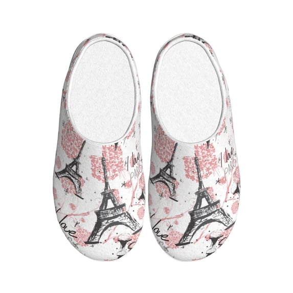 Lsque Paris Pattern Womens Comfort Cotton on Scuff With Memory Foam and Anti-skid Sole Slipper-39/40