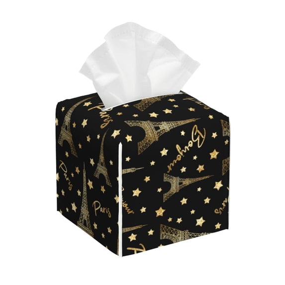 Lsque Paris Romantic Printed Tissue Box Cover Holder, Facial Paper Organizer Dispenser,Square with Bottom Belt, PVC Leather Decorative Organizer