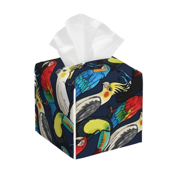 Lsque Parrot Printed Tissue Box Cover Holder, Facial Paper Organizer Dispenser,Square with Bottom Belt, PVC Leather Decorative Organizer