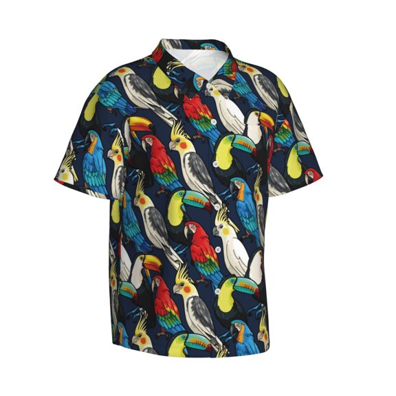 Lsque Parrot pattern Hawaiian Shirt for Men, Unisex Summer Beach Casual Short Sleeve Button Down Shirts-X-Large