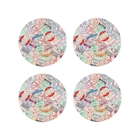Lsque Passport Stamp Pattern 4" Drink Coasters Set of 4, PVC Leather Absorbent Coasters, Table Coaster Set Decorative Coffee Cup Coasters Housewarming Gift -Round Shape